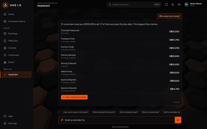 The assistant listing who owes money and writing a payment reminder for one customer