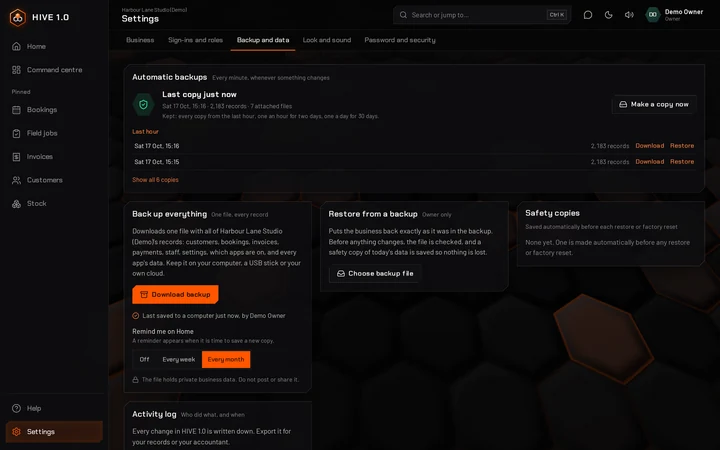 Backup and data settings: automatic copies from the last hour with download and restore, a full backup download with when it was last saved to a computer and a monthly reminder, and safety copies