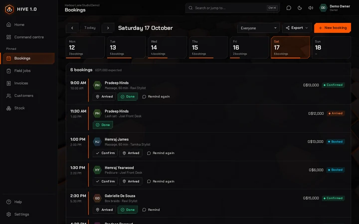 The bookings screen: a week strip with the number of bookings each day and today's appointments by time