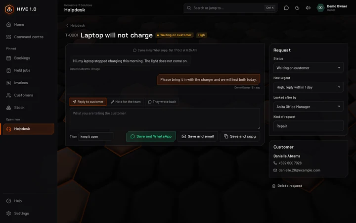 A customer request: the customer's message, the reply, and its status, urgency and owner