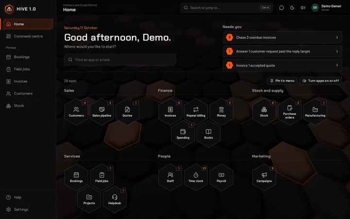 HIVE 1.0 Home screen: every app as a honeycomb in its group, with a search box and what needs attention today (sample business)