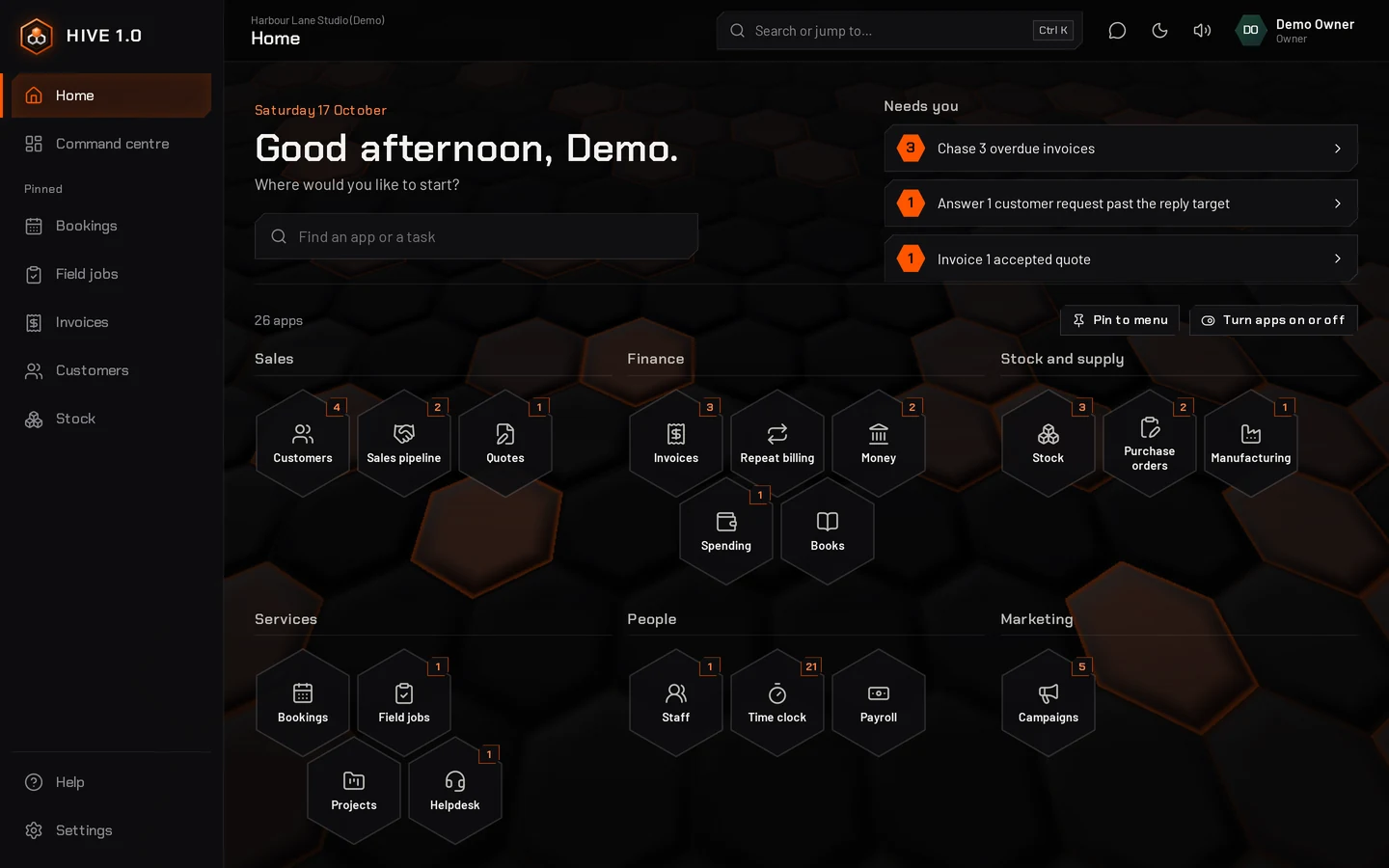 HIVE 1.0's Home screen on a desktop: every app as a honeycomb in its group, a search box, and what needs attention today