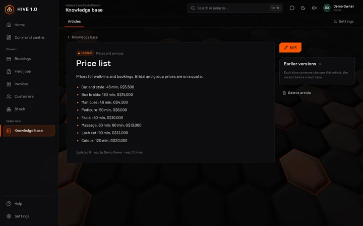 A pinned price list article in the knowledge base