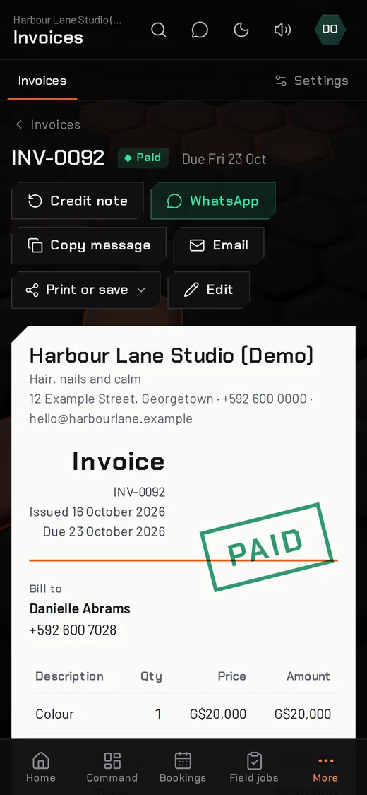 A paid invoice on a phone with WhatsApp and PDF buttons