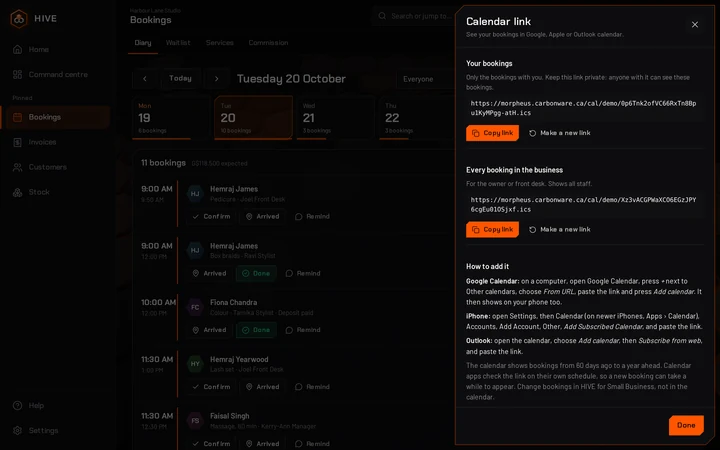 Calendar links for one person's bookings and for the whole business, with steps for Google Calendar, iPhone and Outlook