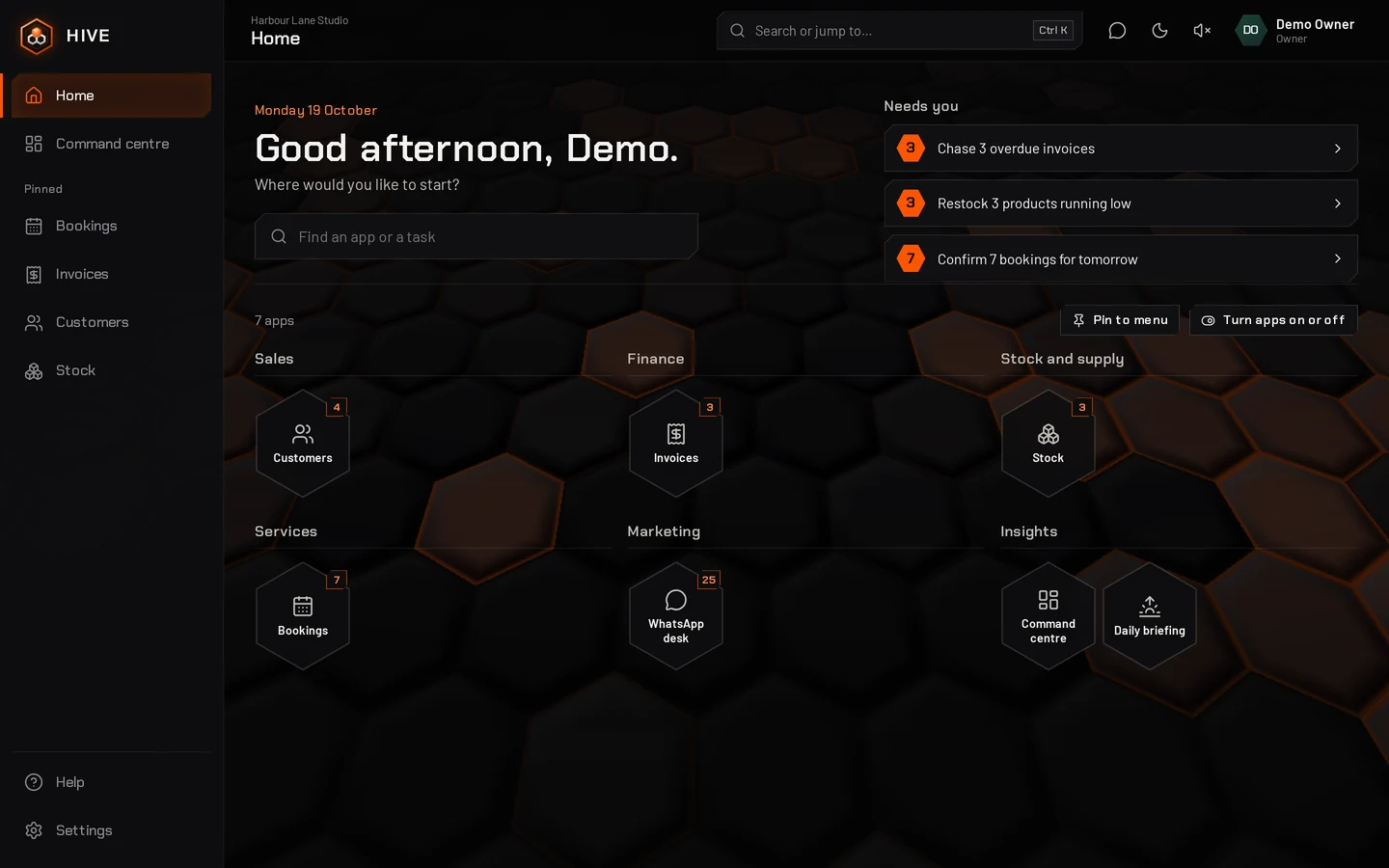 HIVE for Small Business on a desktop: Home with the salon's apps as a honeycomb and today's tasks, such as bookings to confirm