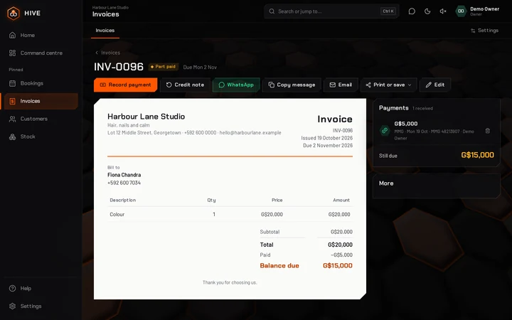 A part-paid invoice for a colour appointment: the G$5,000 MMG deposit with its transaction ID, and G$15,000 still due