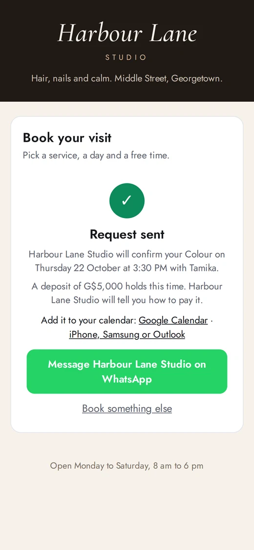 The booking request sent, with the deposit note, links to add it to a calendar and a WhatsApp button