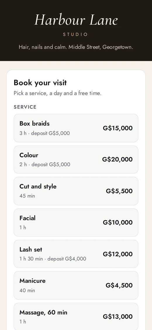 The salon's own booking page on a phone, with services, prices and deposits