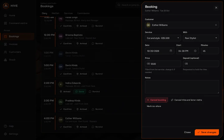 A repeat booking open beside the diary, with buttons to cancel this booking or this and later visits