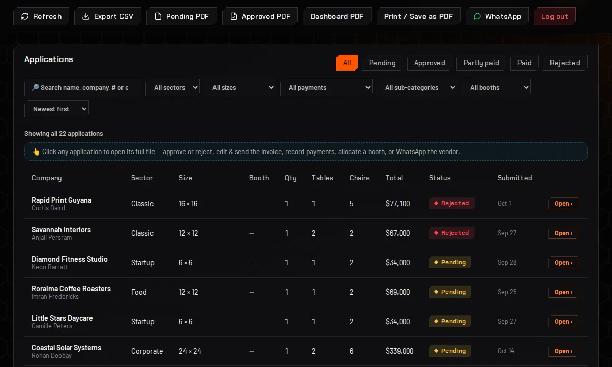 The applications list with search, filters and status labels