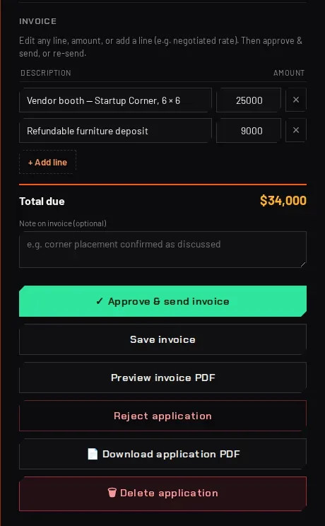 An editable invoice with approve and send, preview PDF and download PDF buttons