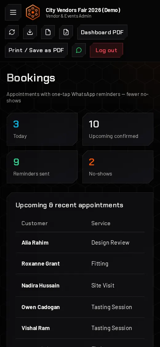 The bookings screen on a phone with appointments